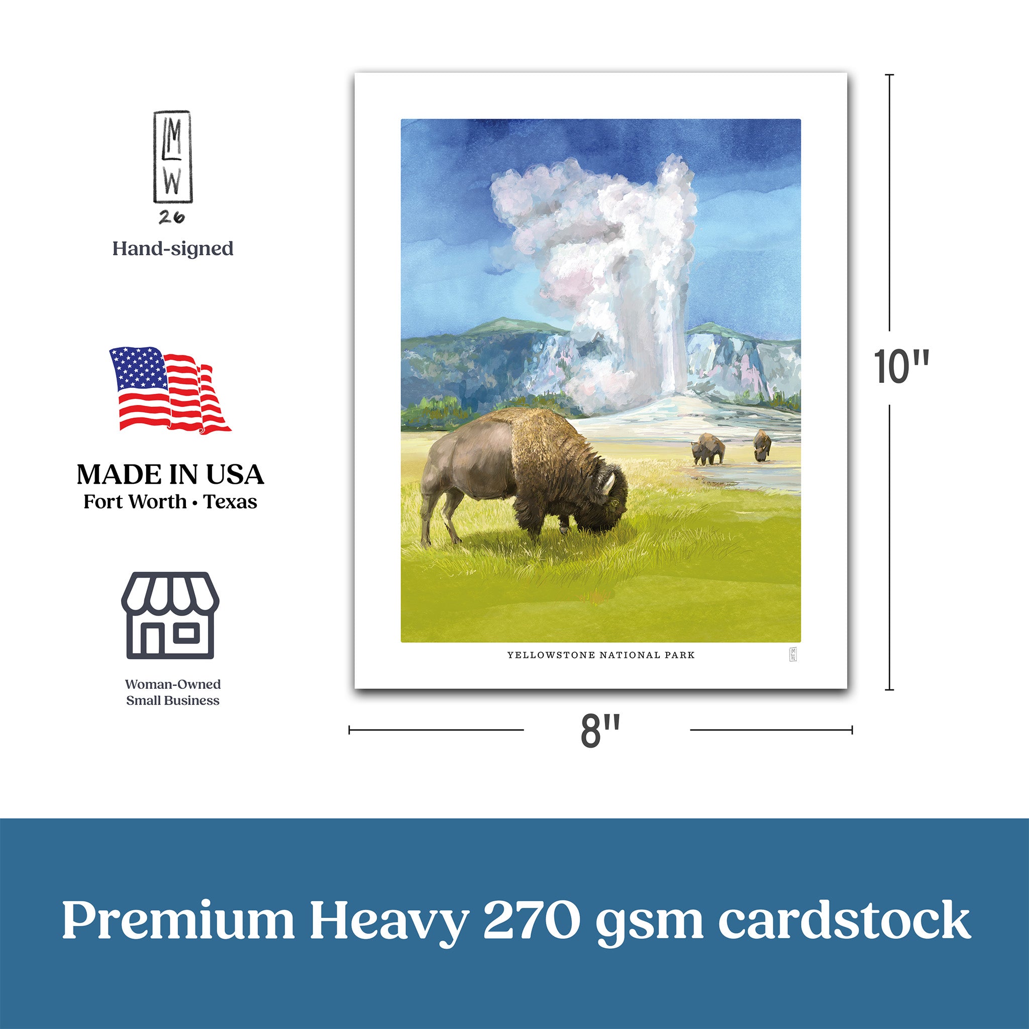 Hand-signed poster of a bison in Yellowstone National Park with dimensions and certification logos on a white background.