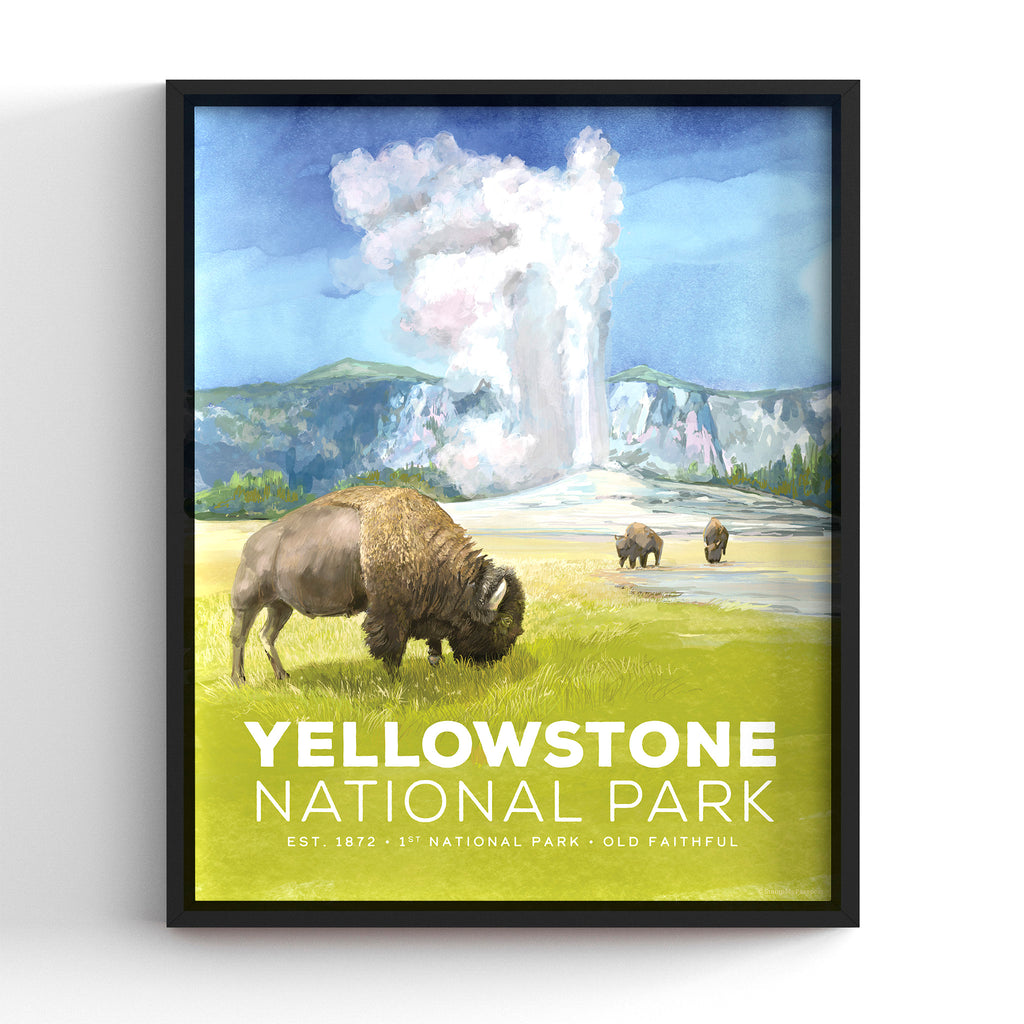 Yellowstone National Park poster with a bison and geysers in a black frame, hand-illustrated vintage travel print, 8x10
