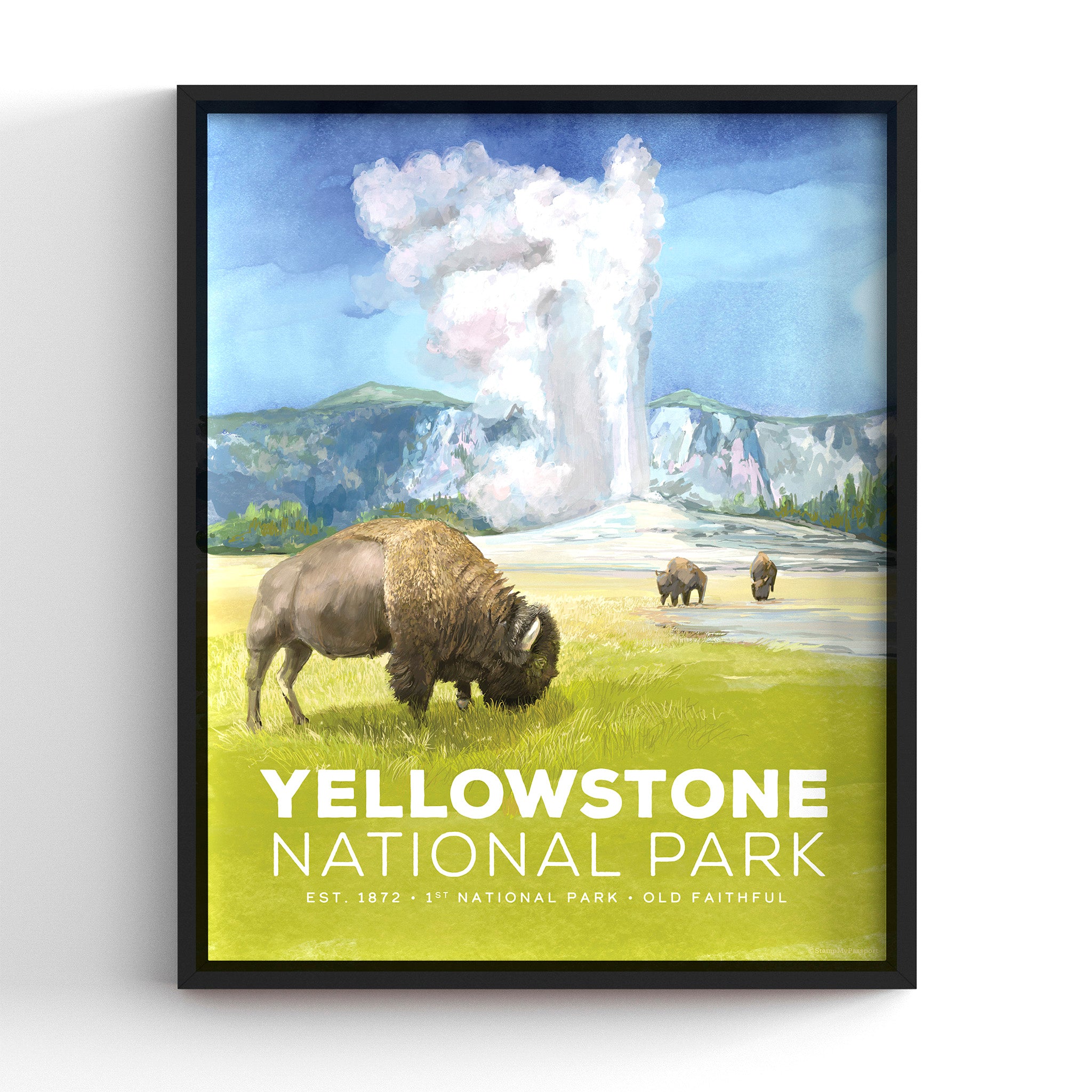 Yellowstone National Park poster with a bison and geysers in a black frame, hand-illustrated vintage travel print, 8x10