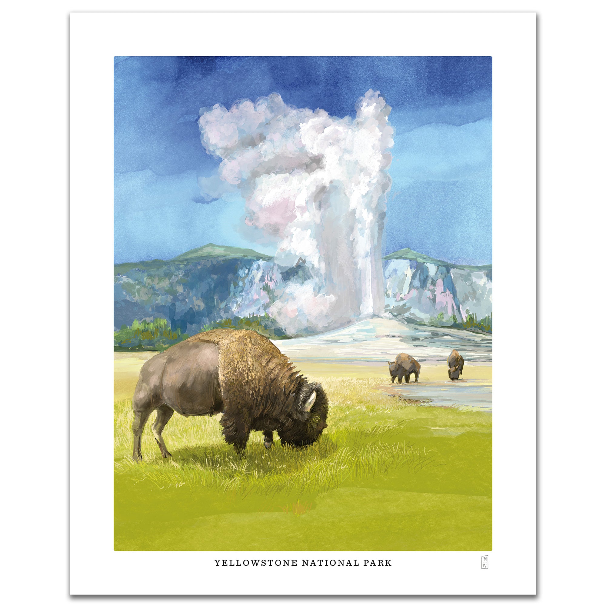 Hand-signed illustration of bison in a field with Old Faithful in the background, labeled 'Yellowstone National Park'.