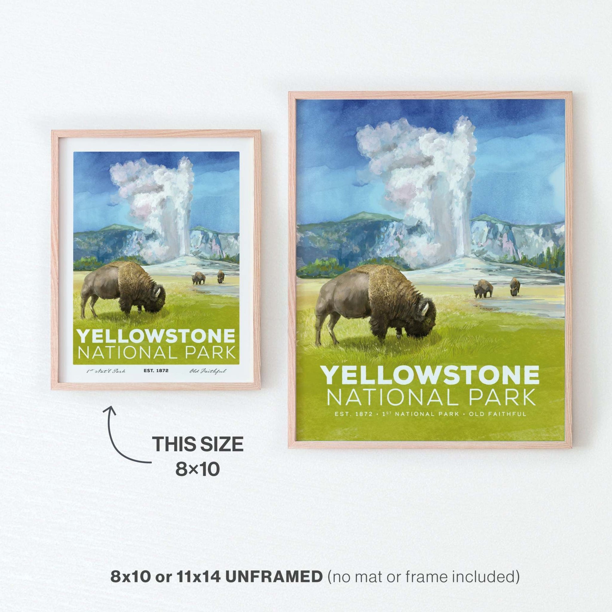 Yellowstone National Park poster featuring bison and Old Faithful, 8x10 inches, unframed.