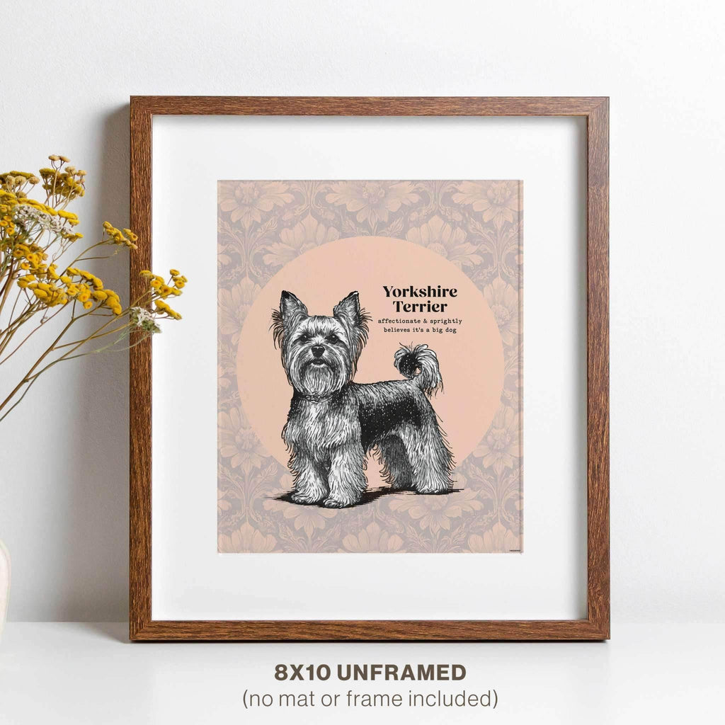 Framed Yorkie wall art illustration featuring a floral background, 8x10 inches, displayed unframed for a charming decor accent.