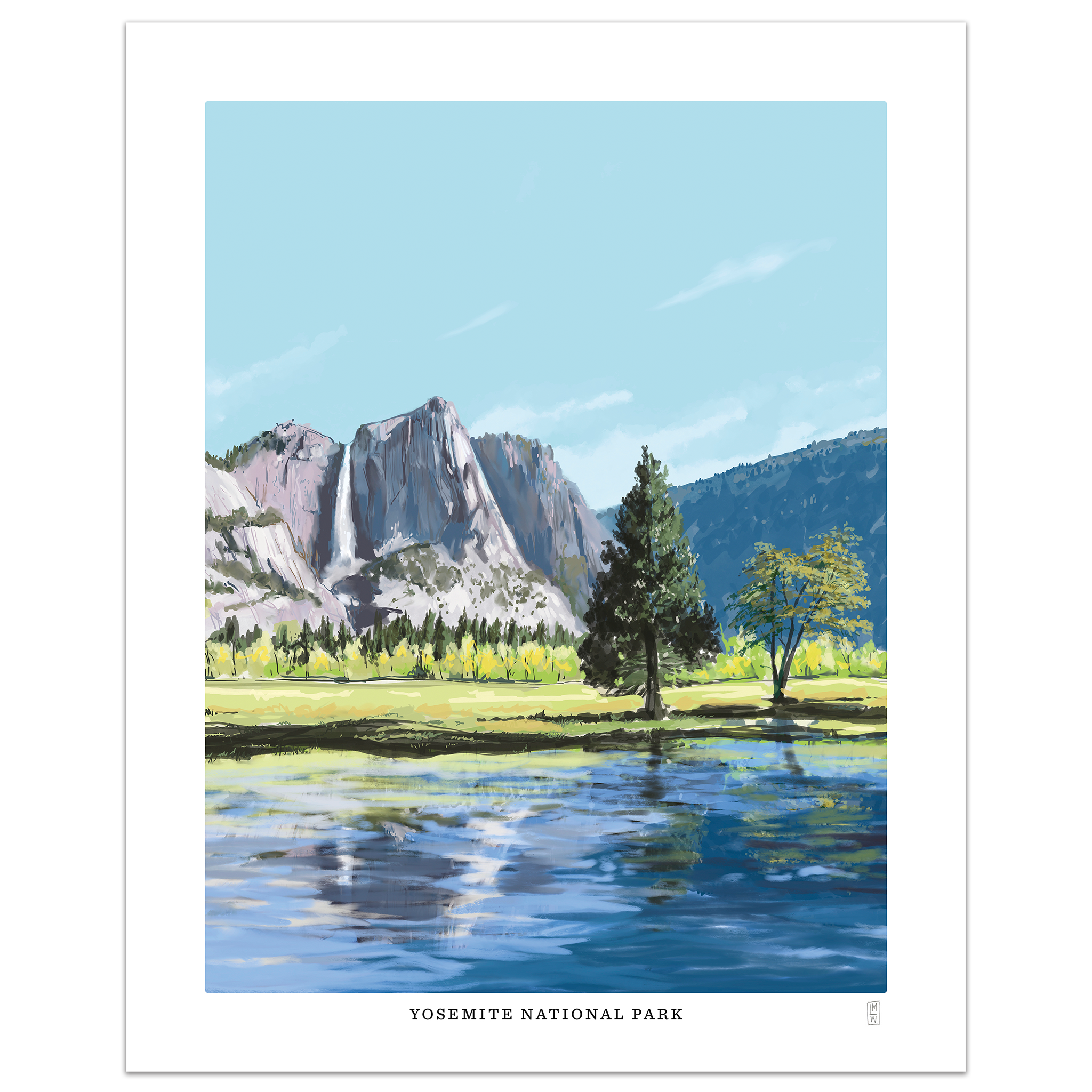 Yosemite National Park landscape with mountains, trees, and a lake.