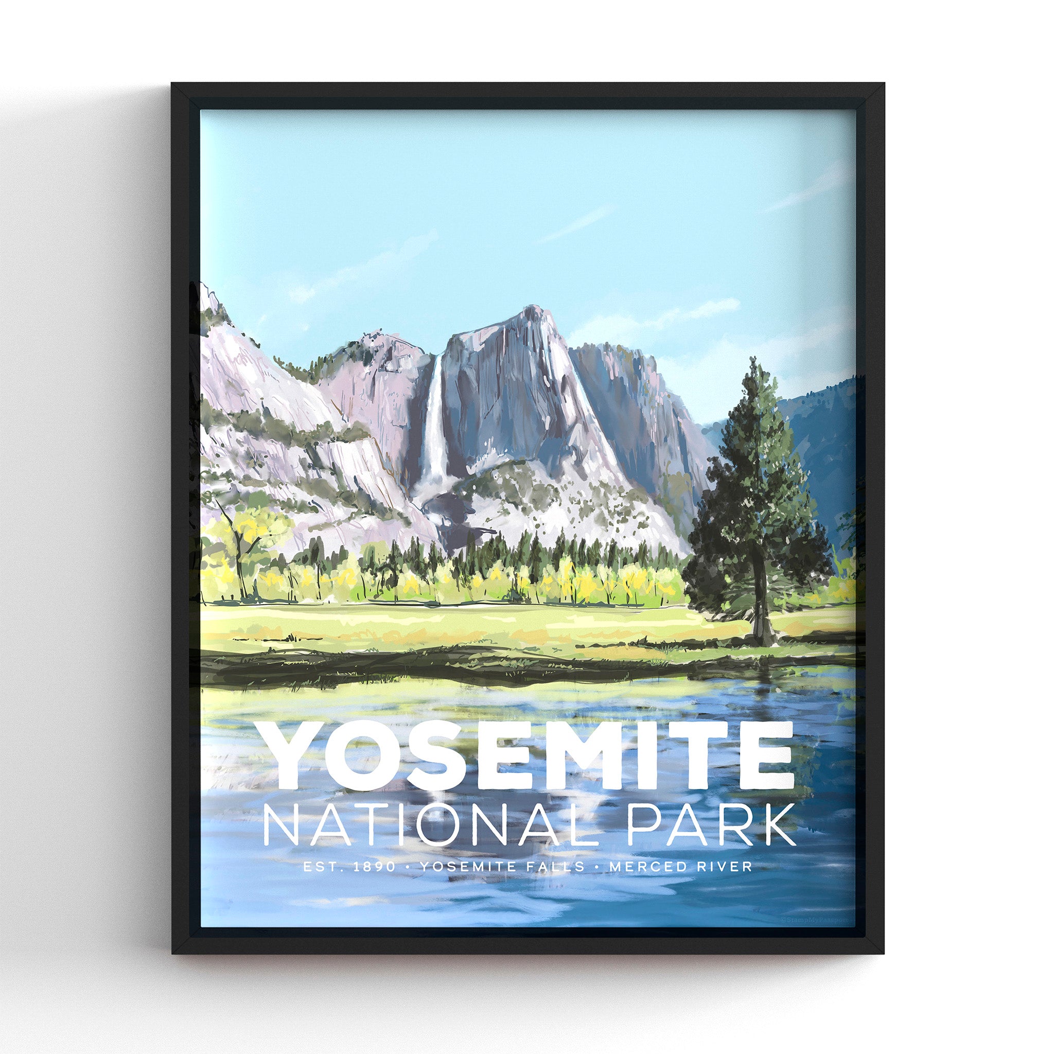 Yosemite National Park poster with a mountain landscape in a black frame, hand-illustrated vintage travel print, 8x10