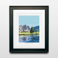 Framed print of Yosemite National Park with mountains and trees.