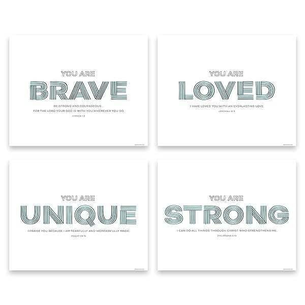 Blue Nursery wall art set featuring “Brave” and “Loved” Christian decor with inspirational designs, displayed in a 4-piece 8x10 arrangement.