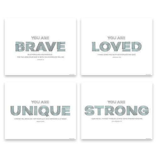 Blue Nursery wall art set featuring “Brave” and “Loved” Christian decor with inspirational designs, displayed in a 4-piece 8x10 arrangement.