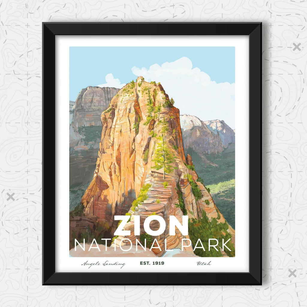 Zion National Park poster featuring a hand-drawn illustration of Angels Landing.