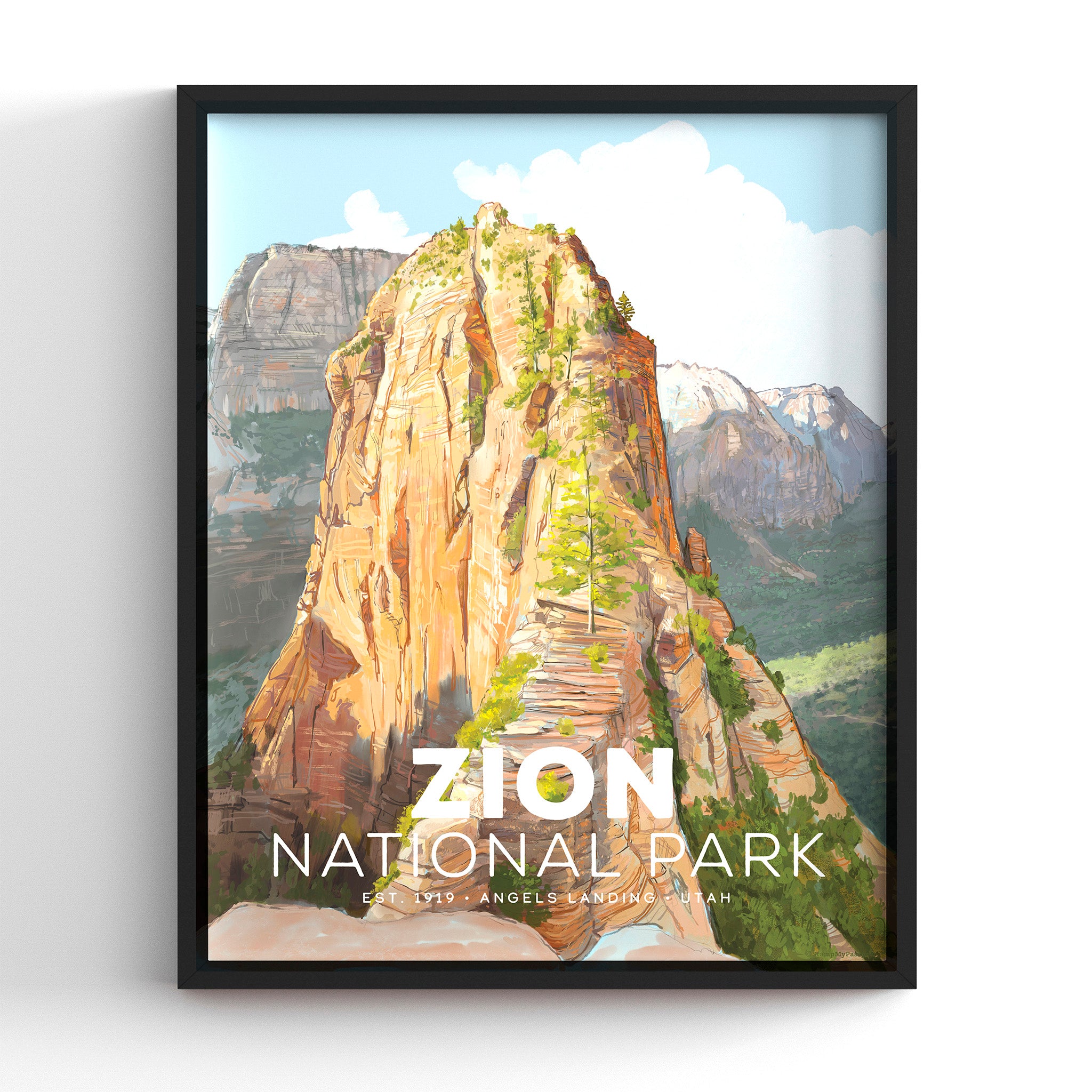 Zion National Park poster featuring Angels Landing in a black frame, hand-illustrated vintage travel print, 8x10