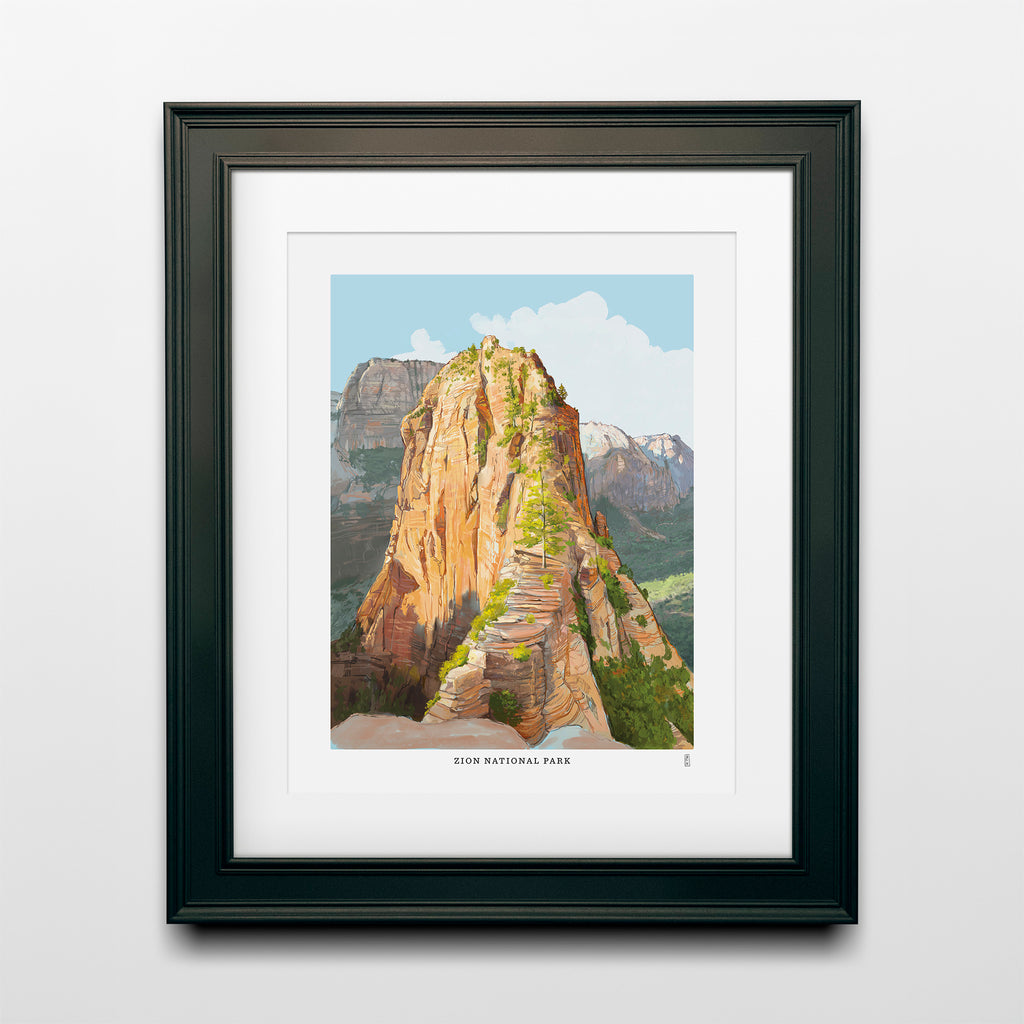 Hand-signed Zion National Park poster featuring Angels Landing in a black frame, 8x10
