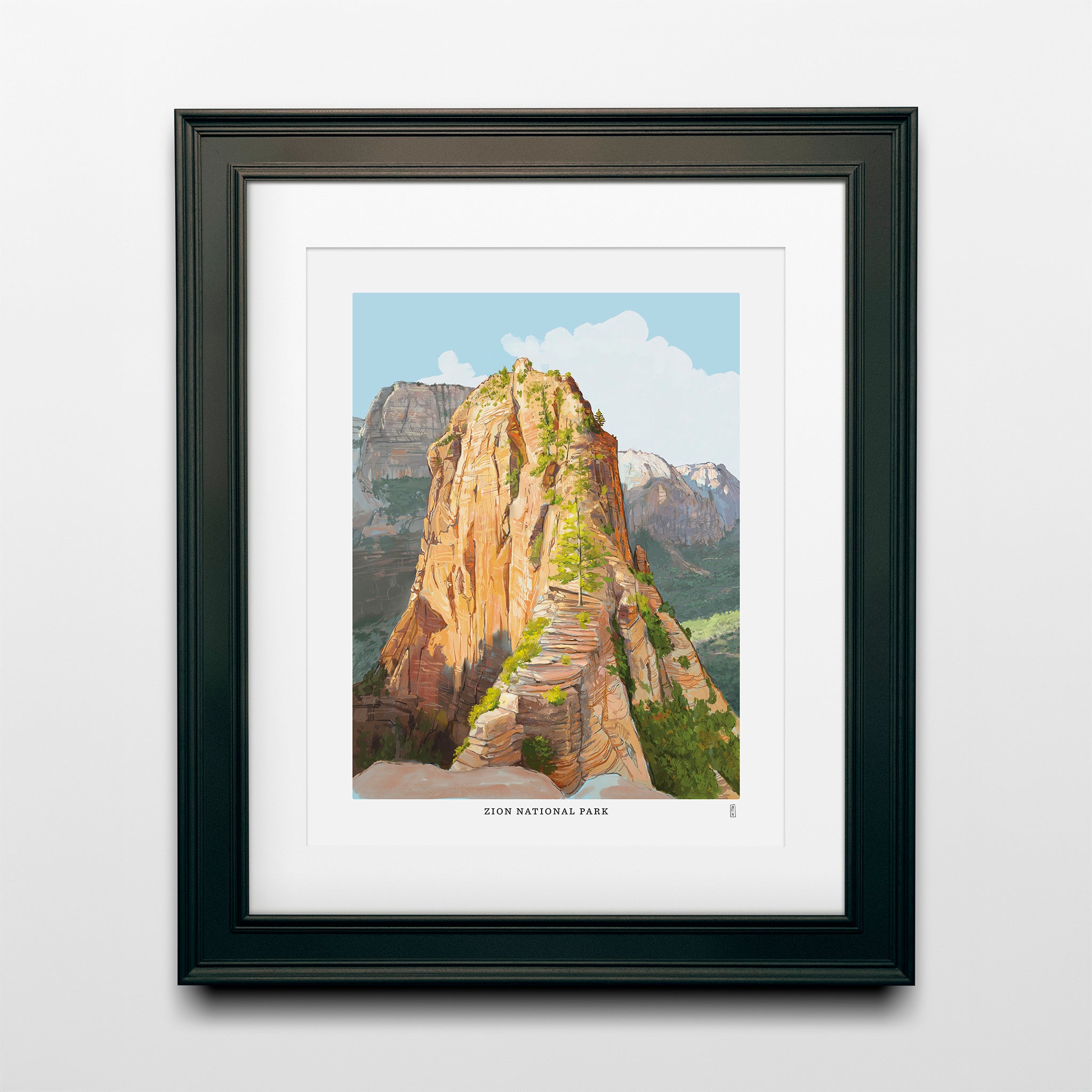 Hand-signed Zion National Park poster featuring Angels Landing in a black frame, 8x10