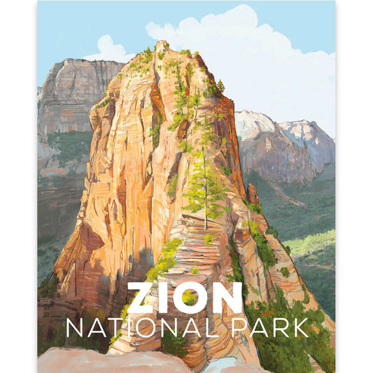 Zion National Park poster featuring hand-drawn Angels Landing landscape.