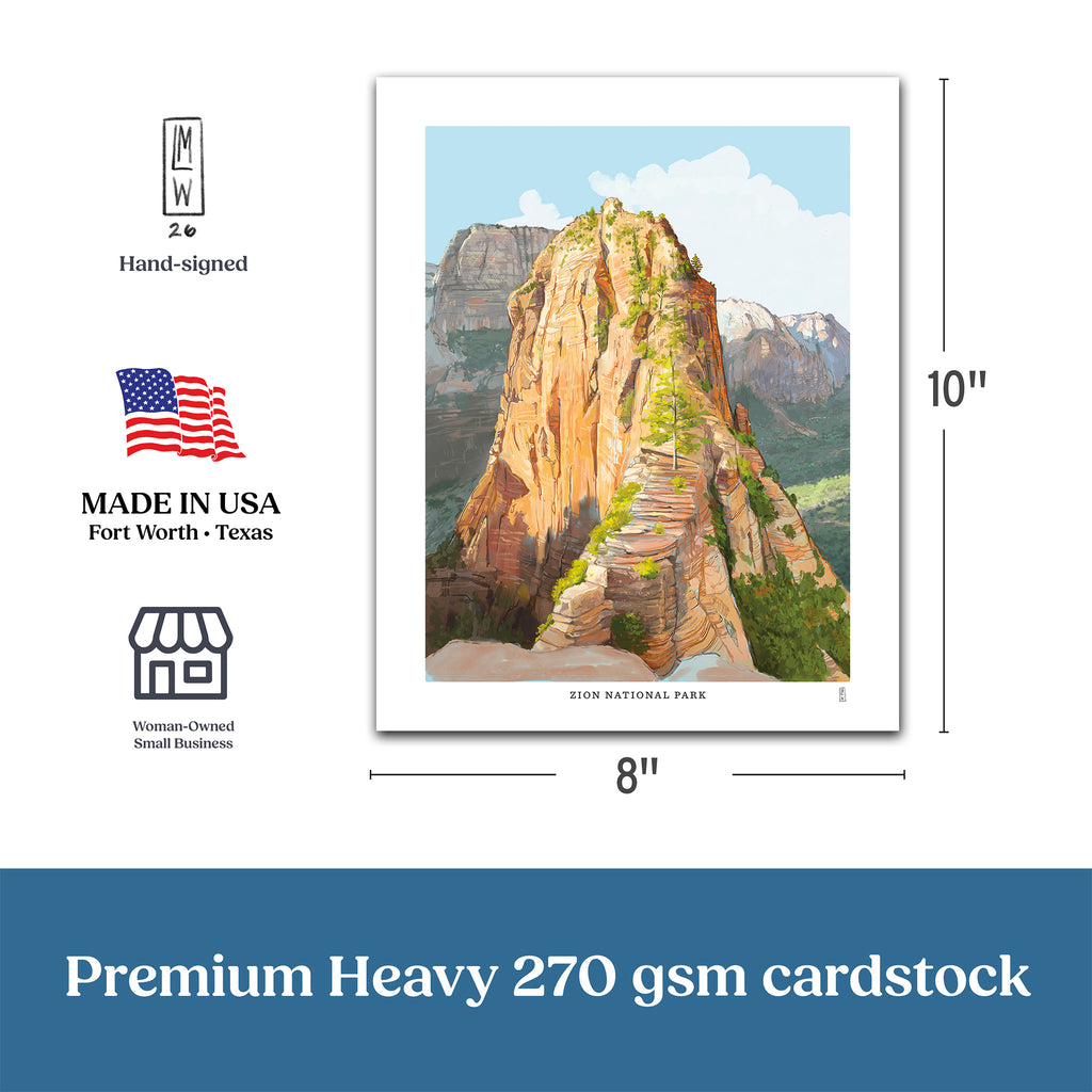 Poster of Zion National Park with dimensions and certification logos on a white background
