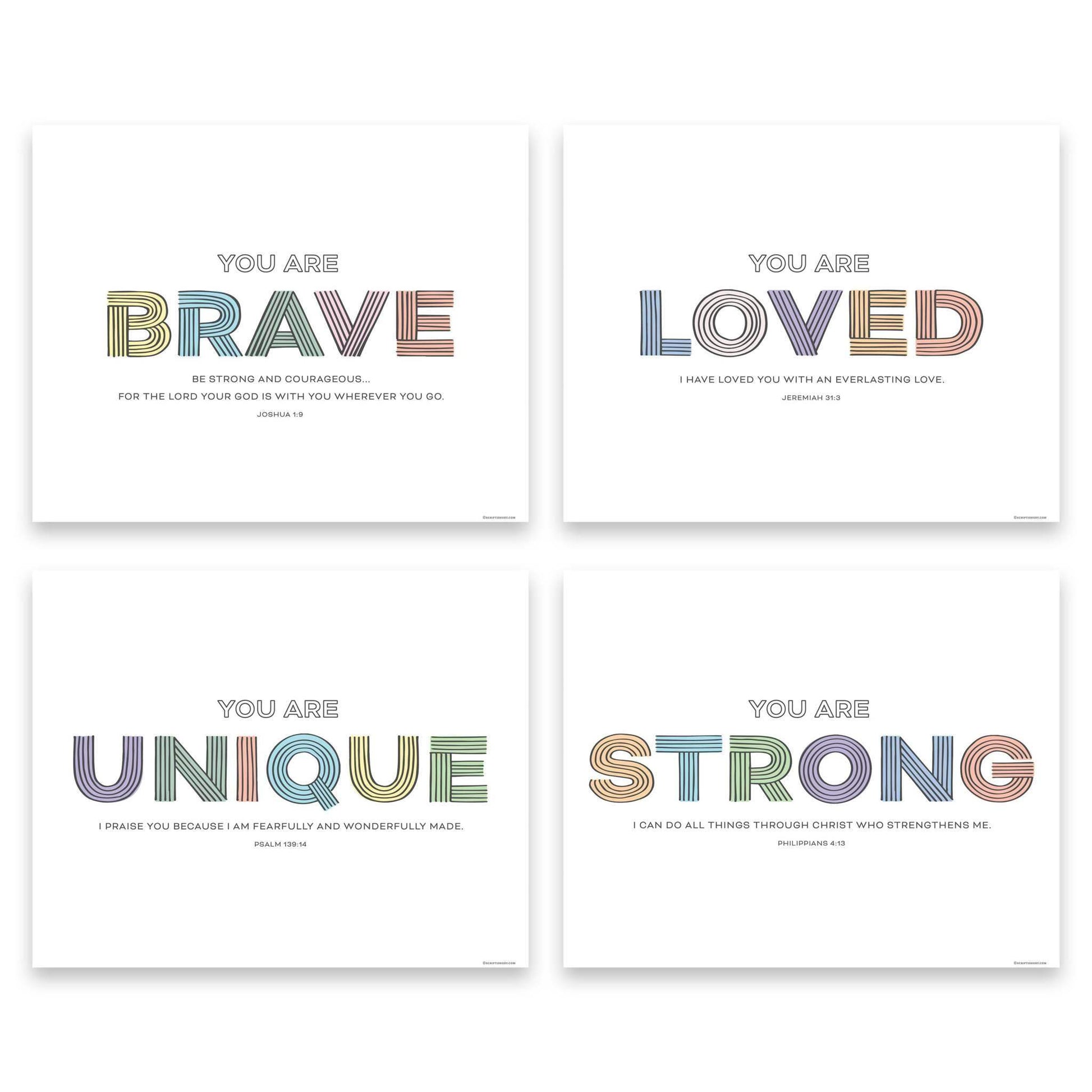 Multi-color Nursery wall art set featuring “Brave” and “Loved” Christian decor with inspirational designs, displayed in a 4-piece 8x10 arrangement.