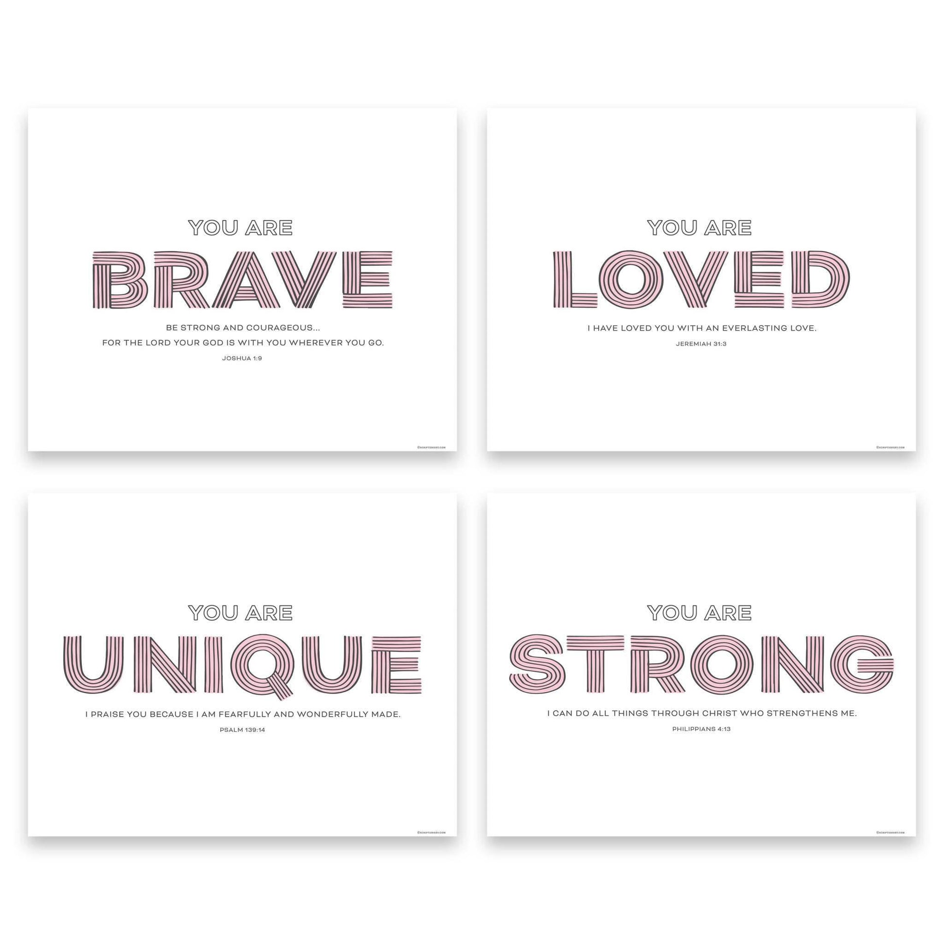 Pink Nursery wall art set featuring “Brave” and “Loved” Christian decor with inspirational designs, displayed in a 4-piece 8x10 arrangement.